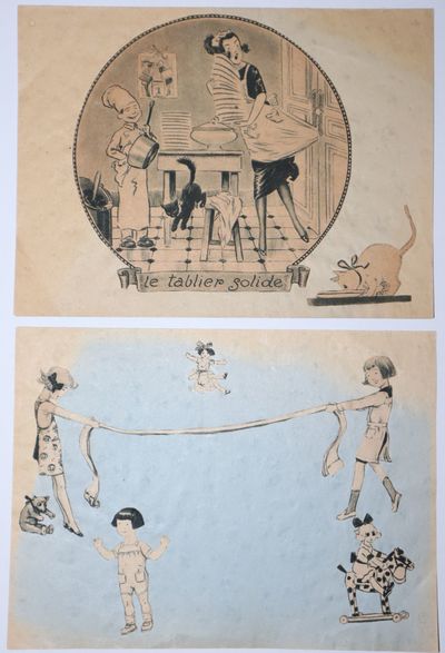 Two Homemade Cards Using Cut-Outs, Both on Folded Sheets, One Depicting Children Playing, the other, A Frazzled Waitress and Playful Cats in a Kitchen