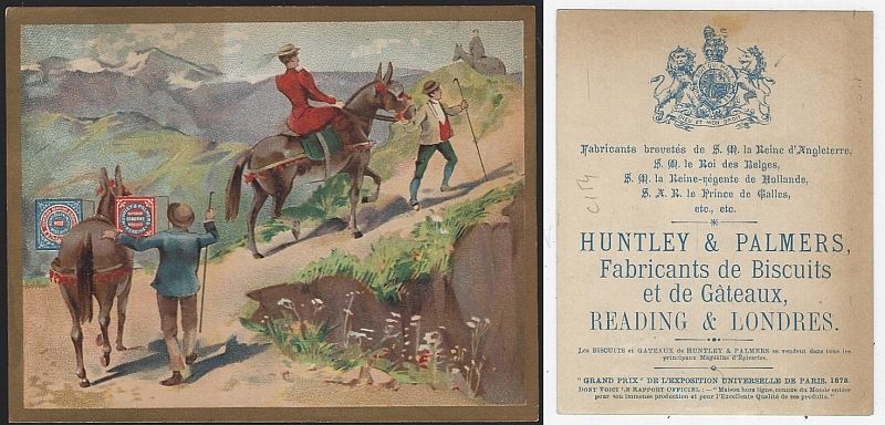 VICTORIAN TRADE CARD FOR HUNTLEY AND PALMERS BISCUITS WITH LOVELY LADY RIDING HORSE