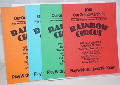 Rainbow Circus: Join our grand march in the 1980 Gay Freedom Day Parade. [four handbills in different colors]