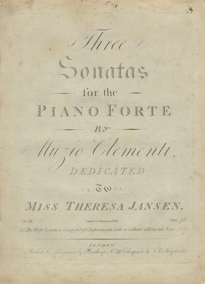 Three Sonatas for the Piano Forte ... Dedicated to Miss Theresa Jansen. Op. 33. Price 7s/6d. NB. The First Sonata is composed for Instruments with or without additional Keys