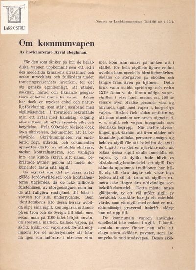 Om kommunvapen. Särtryck ur Landskommunernas…