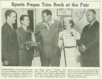 Mounted newspaper clipping heading &quot;Sports Pages Turn Back at the Fair.&quot; Relating to 1940 World&#039;s Fair Academy of Sports. Pictured are Mayor Jimmy Walker, The Babe, Mrs James Corbett and Ty Cobb by (Ruth, Babe) - 1940