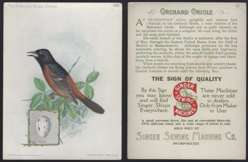 VICTORIAN TRADE CARD FOR SINGER SEWING MACHINE AMERICAN SONG BIRDS SERIES ORCHARD ORIOLE