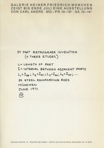 Exhibition flyer: 39 Part Retrograde Invention (+ Three Etudes) (June 1971)