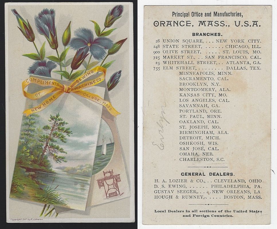 VICTORIAN TRADE CARD FOR NEW HOME SEWING MACHINE WITH FLOWERS AND LANDSCAPES