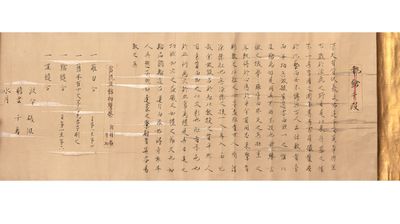 Illustrated scroll on fine thick paper, entitled at beginning “Shisso Shudan” [“Method of Handling the Spear”]