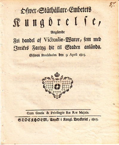 Öfwer-Ståthållare-Embetets Kungörelse, Angående…