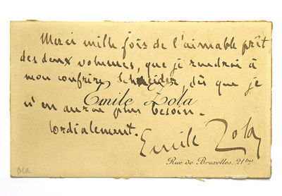 Autograph note, signed ("Emile Zola"), acknowledging the loan of two books