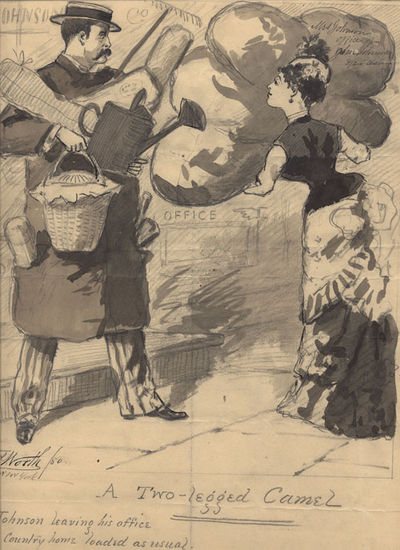 Original cartoon: "A Two-legged Camel", pencil, ink and wash on paper, signed ("Tho Worth/80/New York")