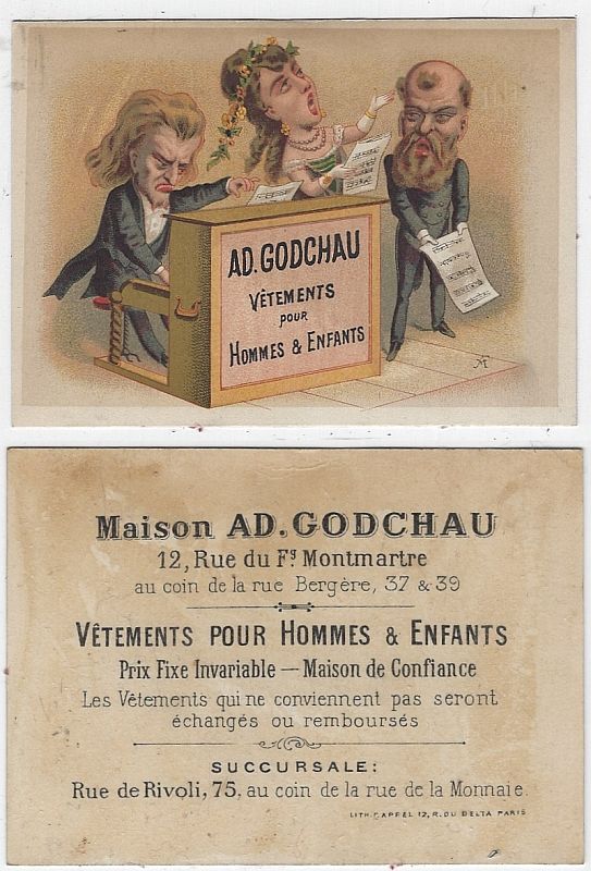 VICTORIAN TRADE CARD FOR MAISON AD GODCHAU WITH SINGER AND MUSICIANS