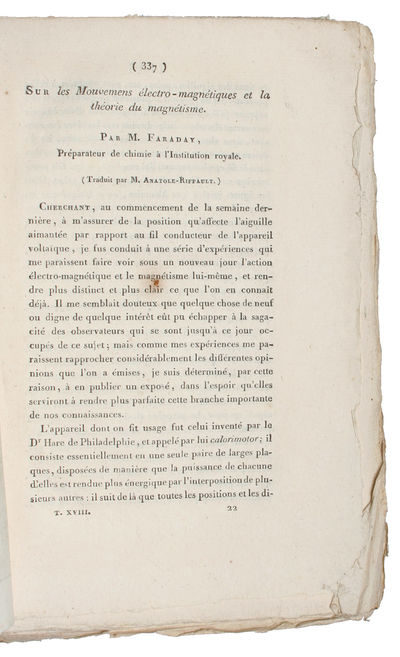 Sur les Mouvemens électro-magnétiques à la théorie du magnétisme. (Traduit par M. Anatole-Riffault). (On some New Electro-Magnetical Motions, and on the Theory of Magnetism). - [THE DISCOVERY OF ELECTROMAGNETIC ROTATION] (photo 3)