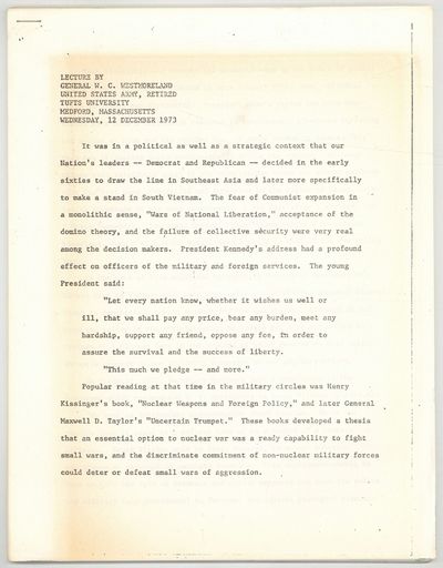 Lecture by General W. C. Westmoreland, United States Army, Retired. Tufts University. Medford, Massachusetts Wednesday, 12 December 1973