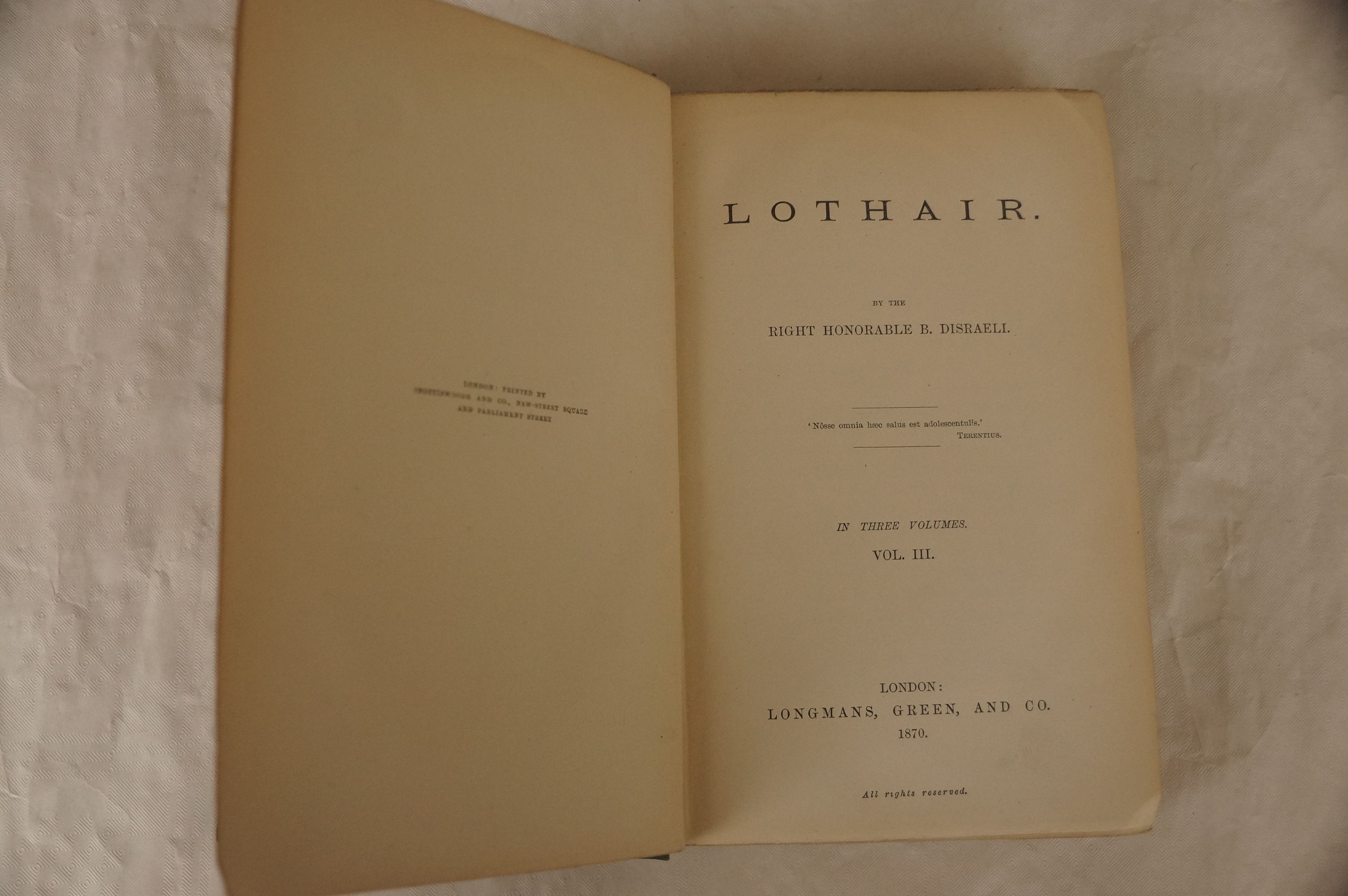Lothair by Benjamin DISRAELI First Edition 1870 from Longland