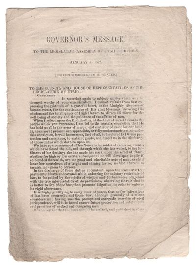 Governor's Message, To the Legislative Assembly of Utah Territory, January 5, 1852