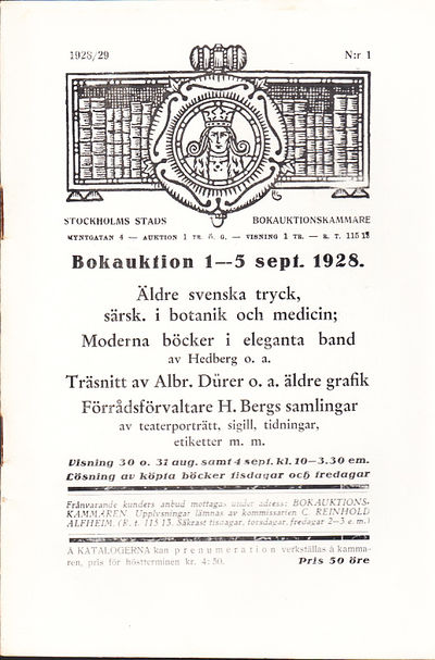 Bokauktion den 1-5 sept. 1928. Äldre svenska…