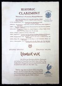 Menu, Historic Claremont America's Famous Road House, Riverside Drive, New York City and Longue Vue on Broadway, Hastings on Hudson. c1911