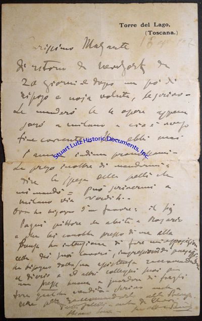 An Attractive Puccini Handwritten Letter, Asking To Help A Local Landscape Painter