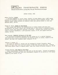 Toothpaste Press. Spring titles, 1982