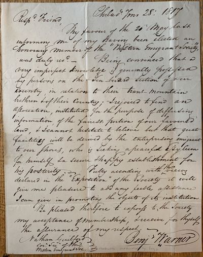 Autograph Letter Signed Philadelphia, June 28, 1817, to Nathan Guilford, Corresponding Secretary, Western Emigrant Society, Cincinnati