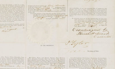 Four Language Passport for the Whaling Brig Leonidas, Signed by John Tyler as President and John C. Calhoun as Secretary of State