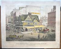 LOUIS PRANG HAND-COLORED LITHOGRAPH PRINT: OLD WAREHOUSE ‑ DOCK SQUARE, BOSTON. BUILT 1680....