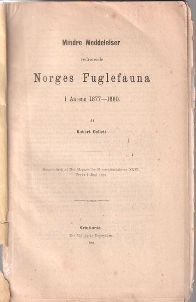 Norges  Fuglefauna i arene1877-1880. Mindre…