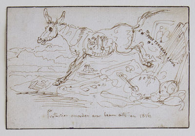Pen and Ink drawing entitled "Protection accorder aux beaux artes en 1816" with a kicking ass depicted