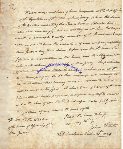 Contemporary Copy Of A Letter By American Steamboat Inventor John Fitch About Patents: To Hear The Claims Of The Parties Disputing The Steam Boat